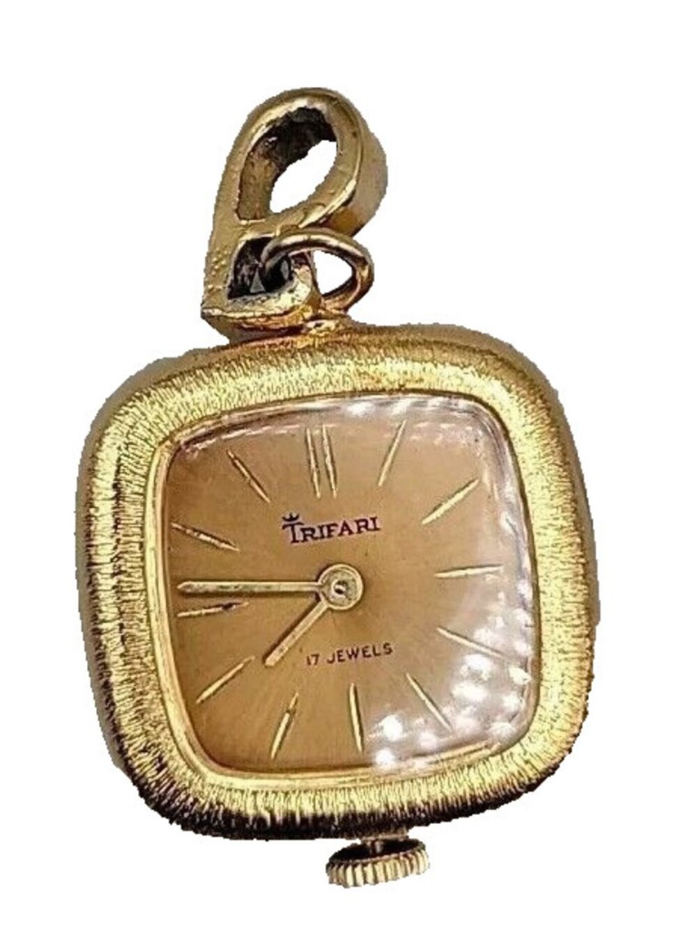 Crown TRIFARI Pendant Watch Wind Mechanical Necklace 17 Jewels Gold Tone Rare